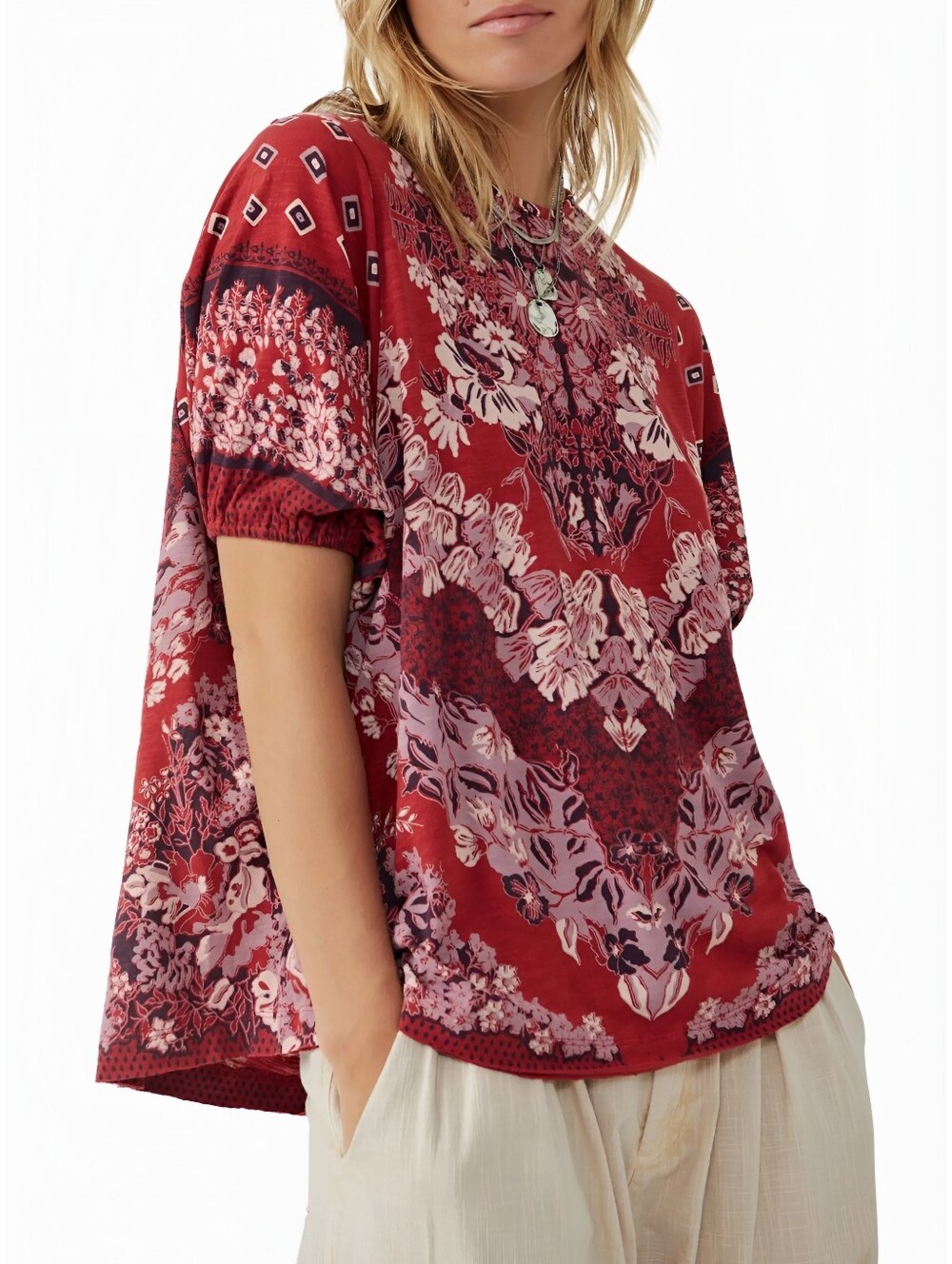 Free People Boho Cream Red Pink Oversized Cotton Luly Tee Top, M